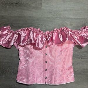 Pink Off-Shoulder Satin Brocade Corset Top